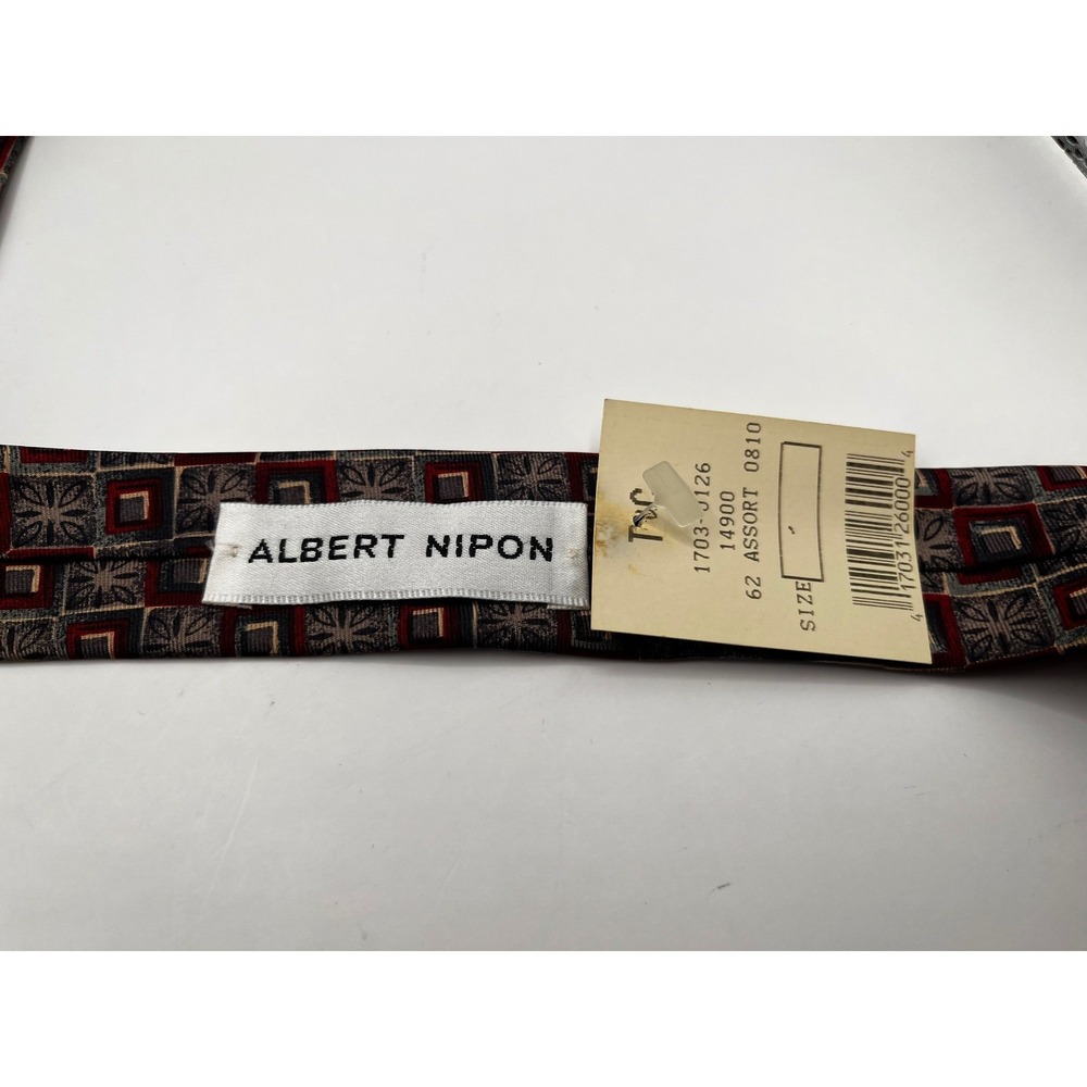 Albert NIPON Silk Geometric Pattern Neck Tie Burgundy Gold Men's Accessory NWT - Picture 3 of 5